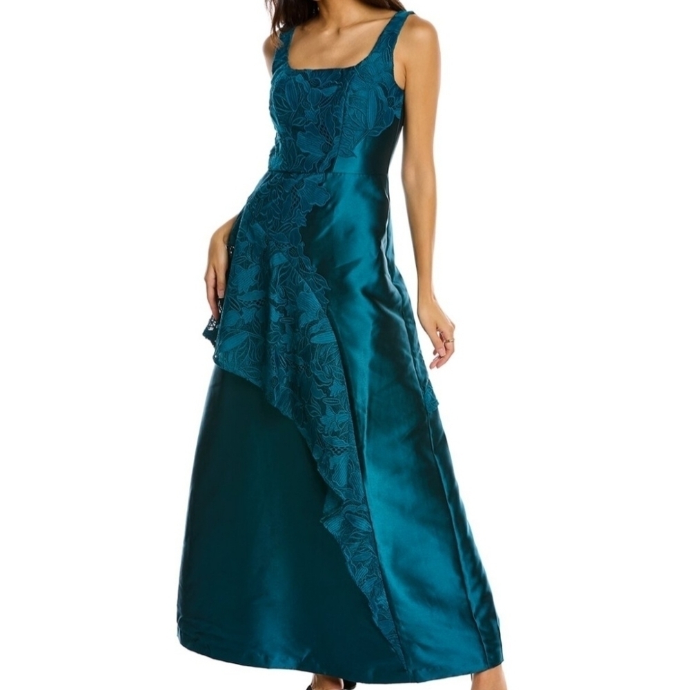 Kay Unger Teal Satin & Lace Maxi Evening Dress